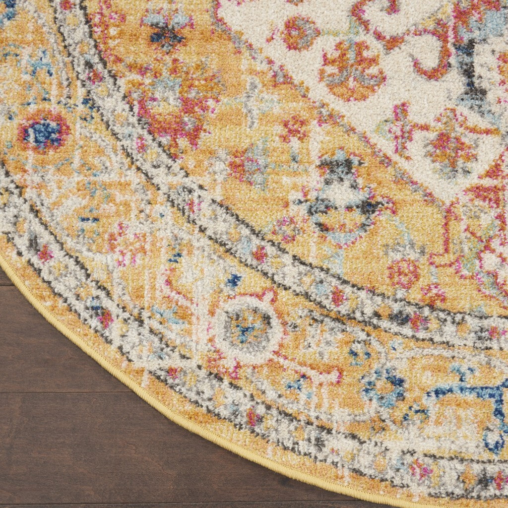 4' Round Ivory And Yellow Center Medallion Area Rug