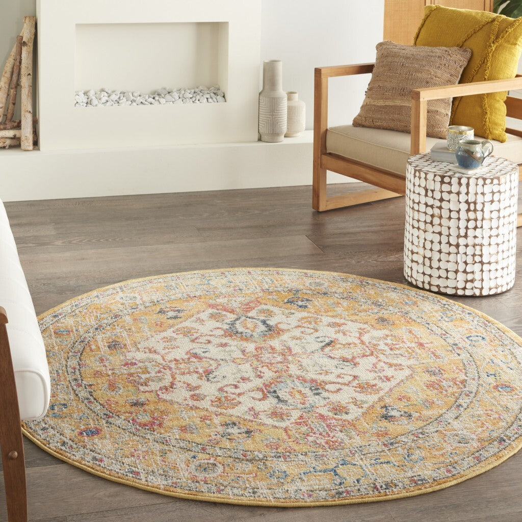 4' Round Ivory And Yellow Center Medallion Area Rug