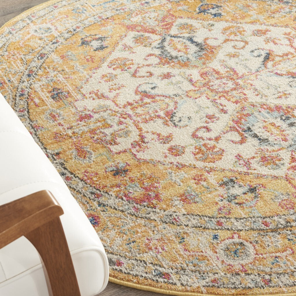 4' Round Ivory And Yellow Center Medallion Area Rug