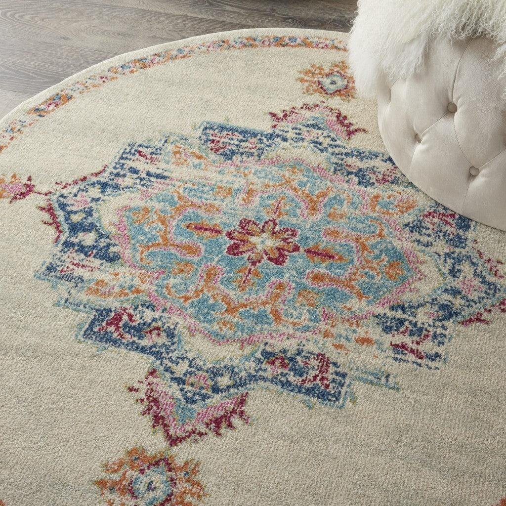 5' Round Gray Distressed Medallion Area Rug