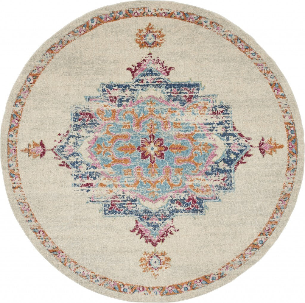 8' Round Gray Distressed Medallion Area Rug