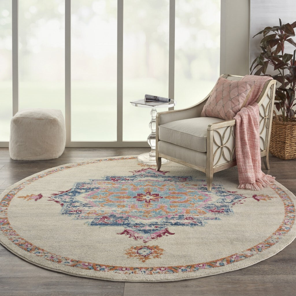 8' Round Gray Distressed Medallion Area Rug