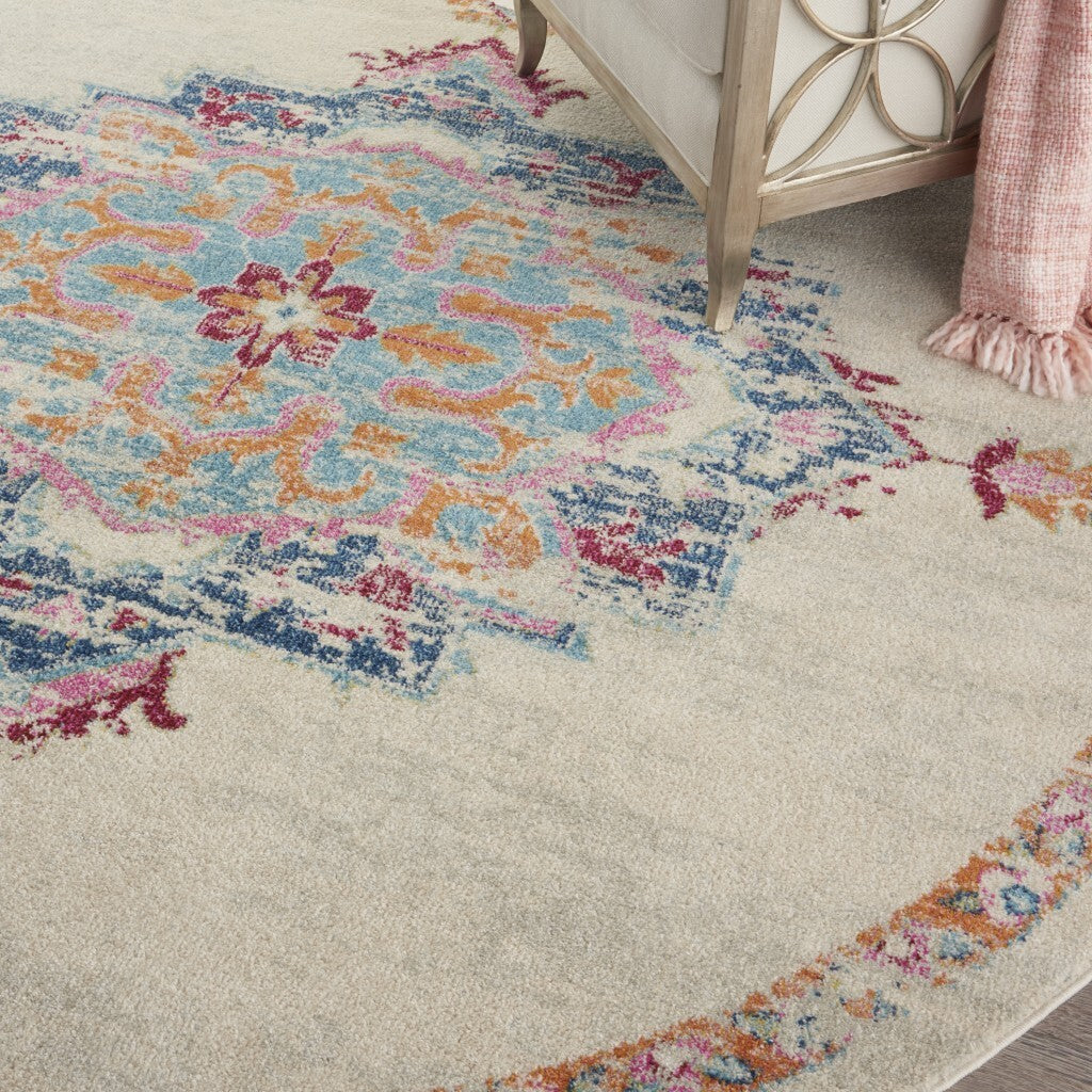8' Round Gray Distressed Medallion Area Rug