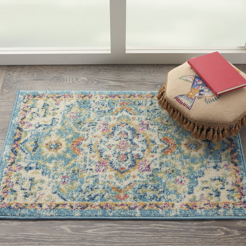 2' X 3' Light Blue And Ivory Distressed Scatter Rug