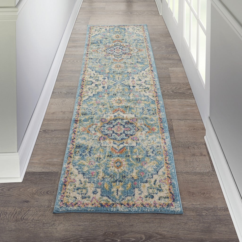 2' X 8' Light Blue And Ivory Distressed Runner Rug