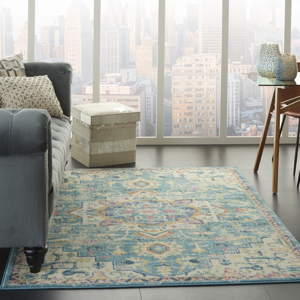5' X 7' Light Blue And Ivory Distressed Area Rug