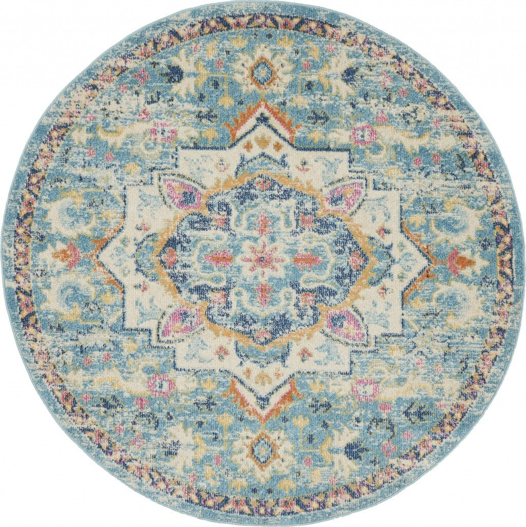 5' Round Light Blue And Ivory Distressed Area Rug