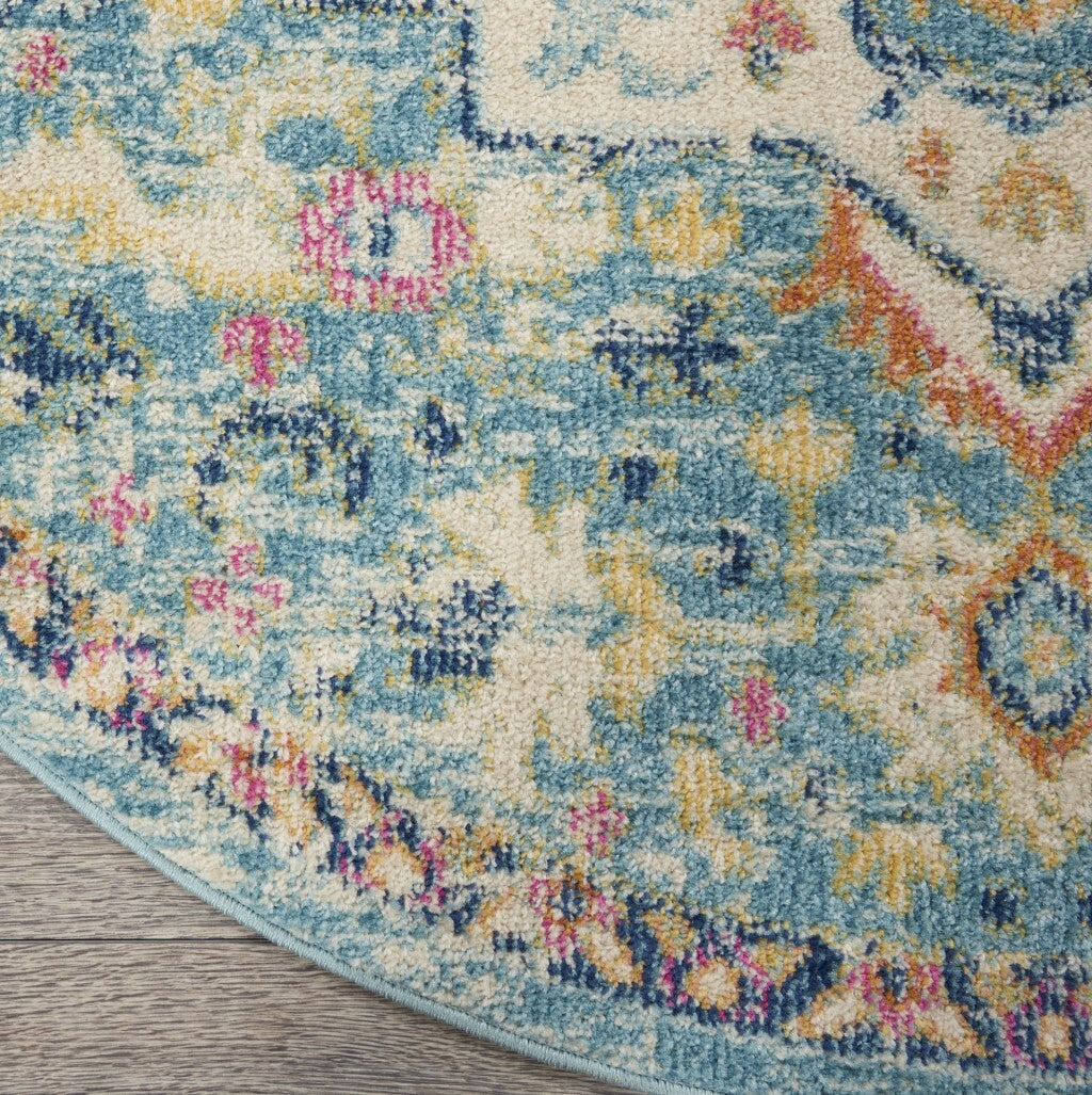 5' Round Light Blue And Ivory Distressed Area Rug