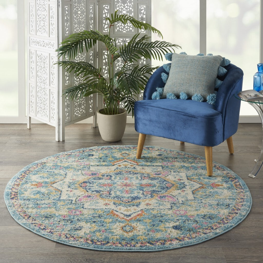 5' Round Light Blue And Ivory Distressed Area Rug