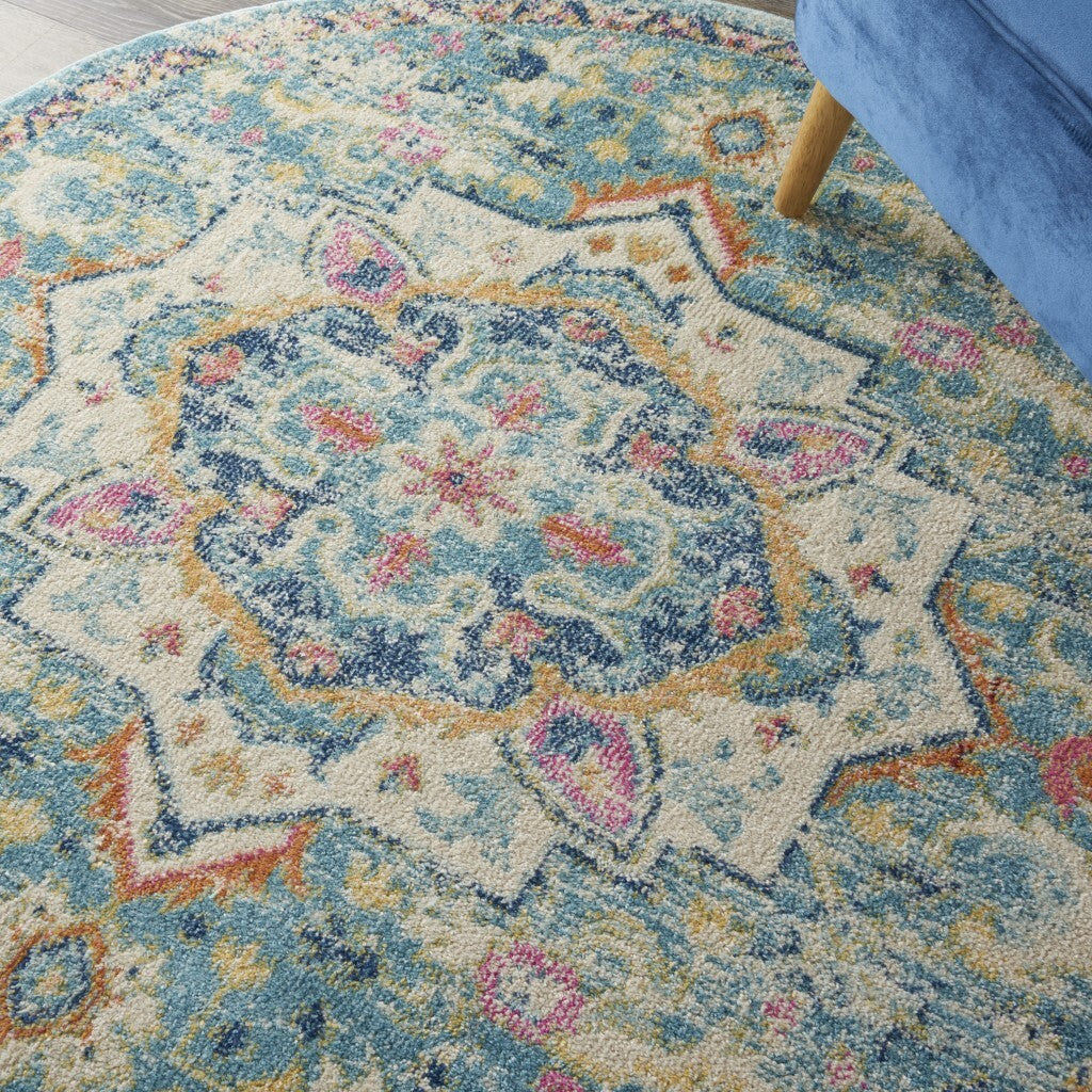 5' Round Light Blue And Ivory Distressed Area Rug