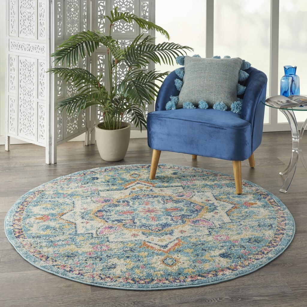 5' Round Light Blue And Ivory Distressed Area Rug