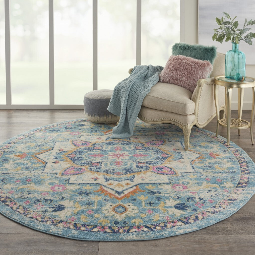 8' Round Light Blue And Ivory Distressed Area Rug