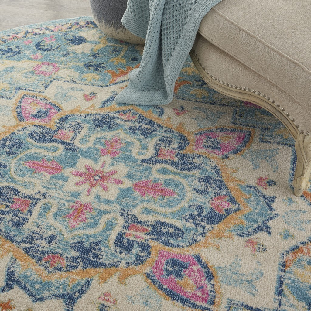 8' Round Light Blue And Ivory Distressed Area Rug