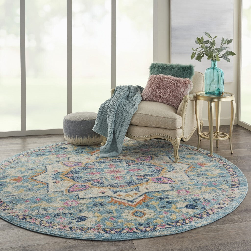 8' Round Light Blue And Ivory Distressed Area Rug