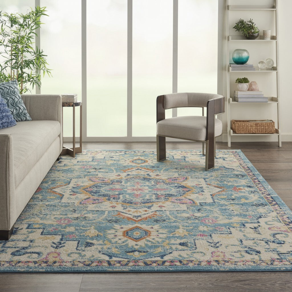 8' X 10' Light Blue And Ivory Distressed Area Rug
