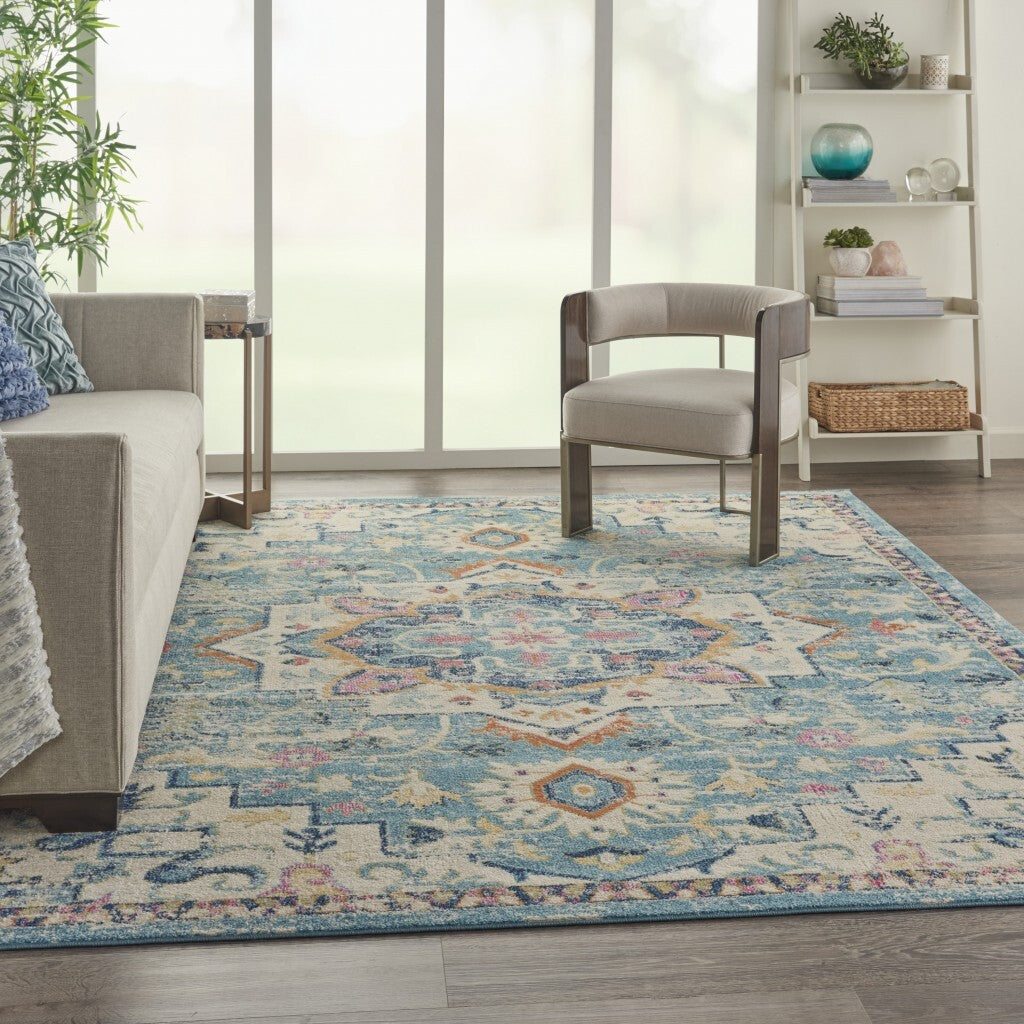 8' X 10' Light Blue And Ivory Distressed Area Rug