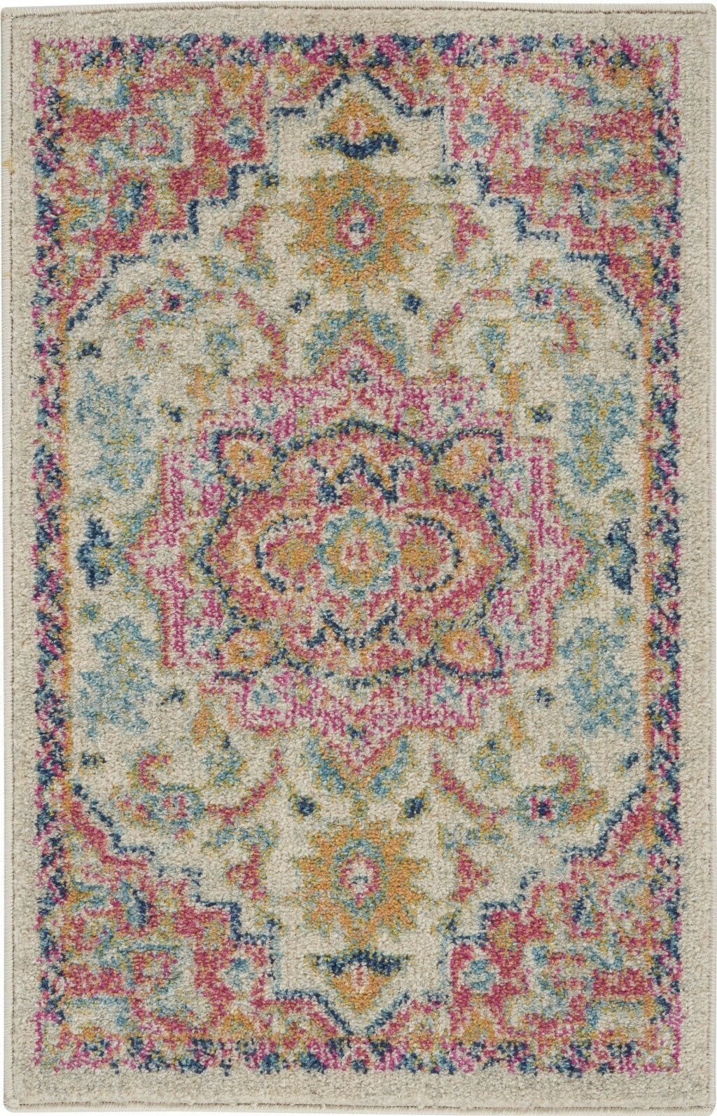 2' X 3' Ivory And Pink Medallion Scatter Rug