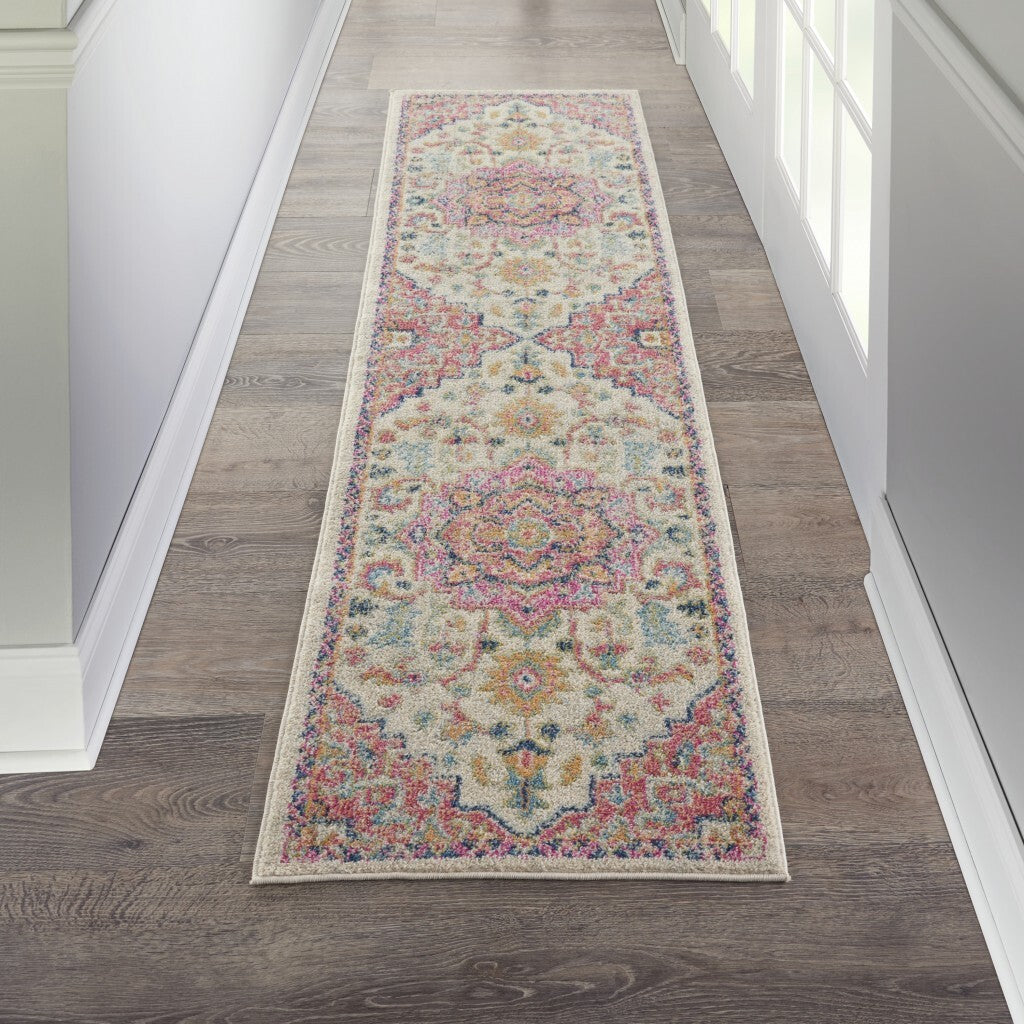 2' X 8' Ivory And Pink Medallion Scatter Rug