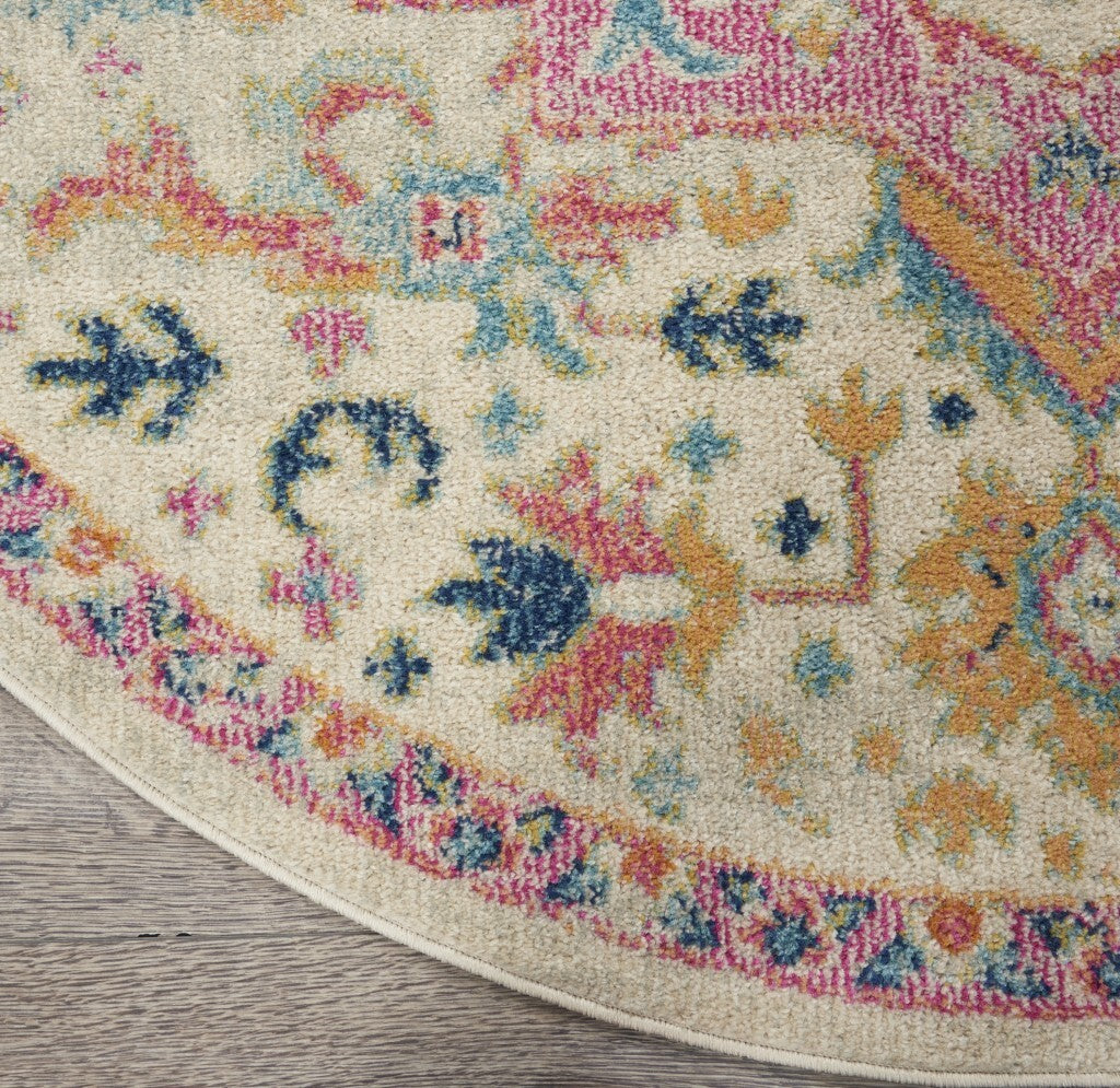 5' Round Ivory And Pink Medallion Area Rug