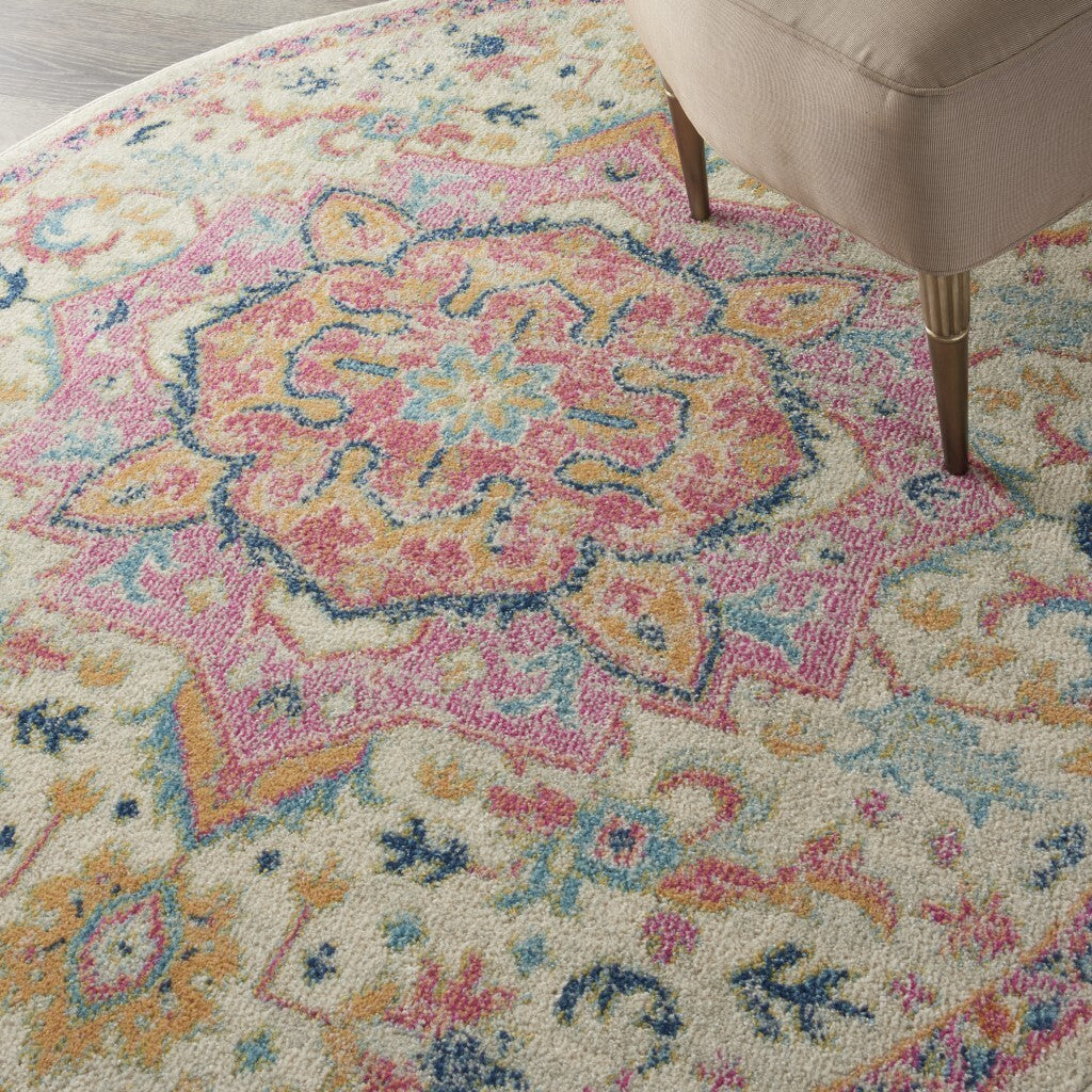 5' Round Ivory And Pink Medallion Area Rug