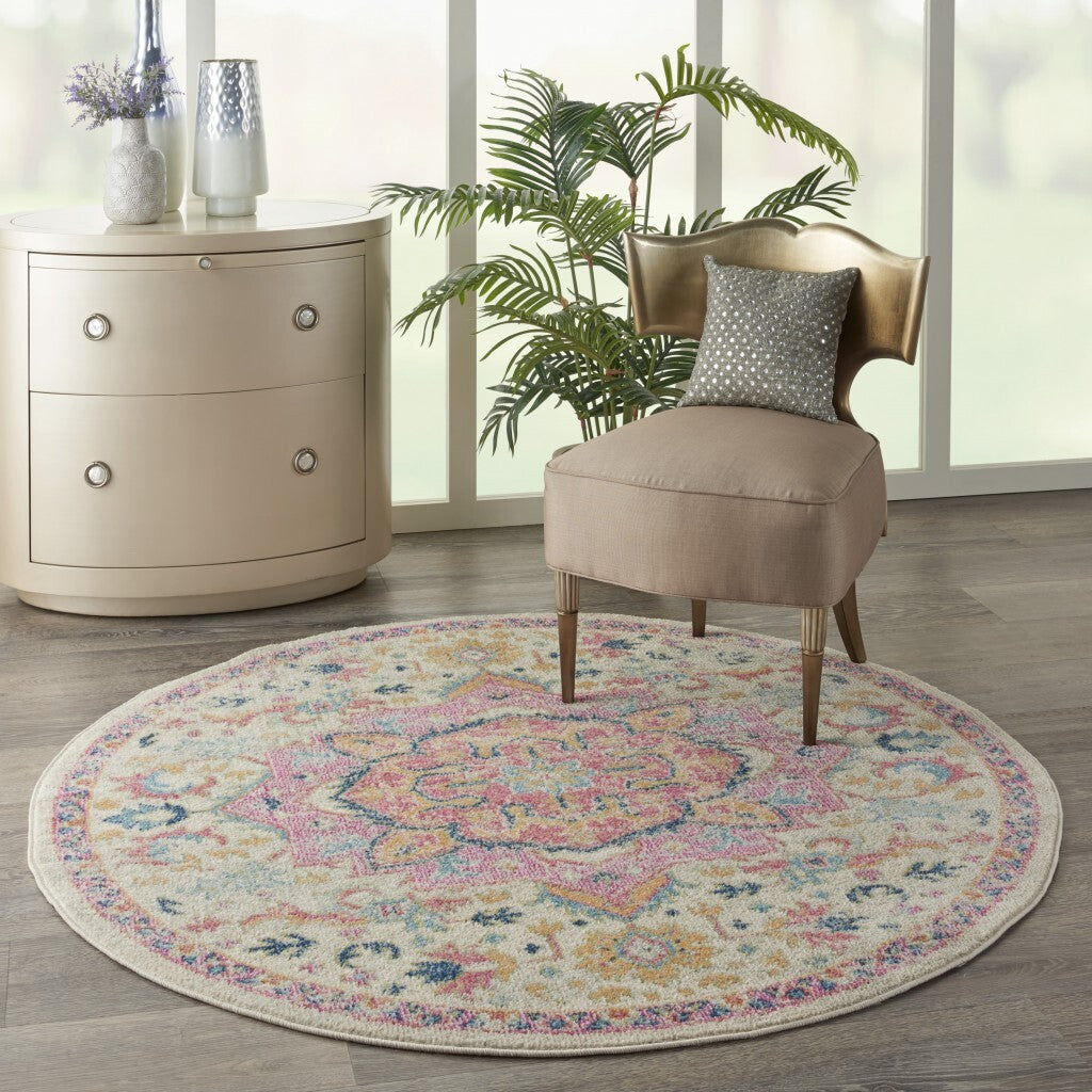 5' Round Ivory And Pink Medallion Area Rug