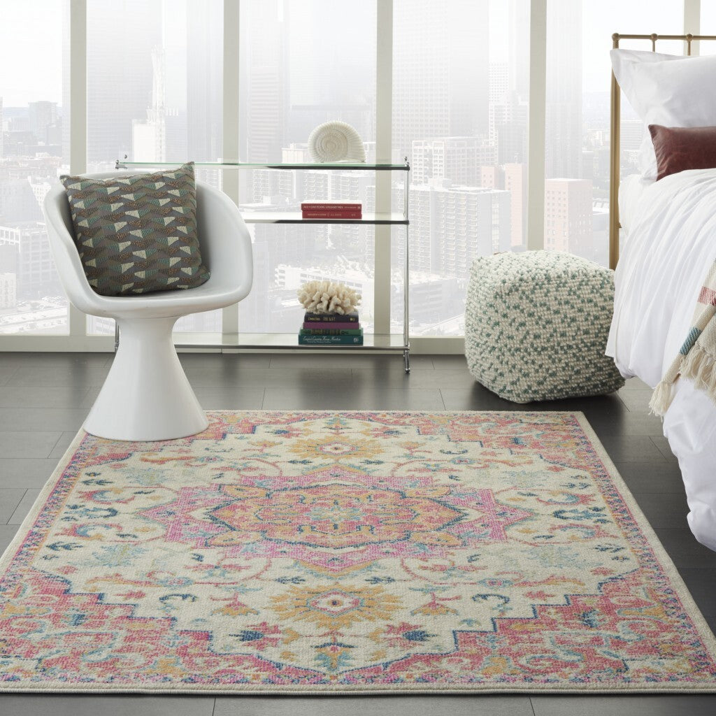7' X 10' Ivory And Pink Medallion Area Rug