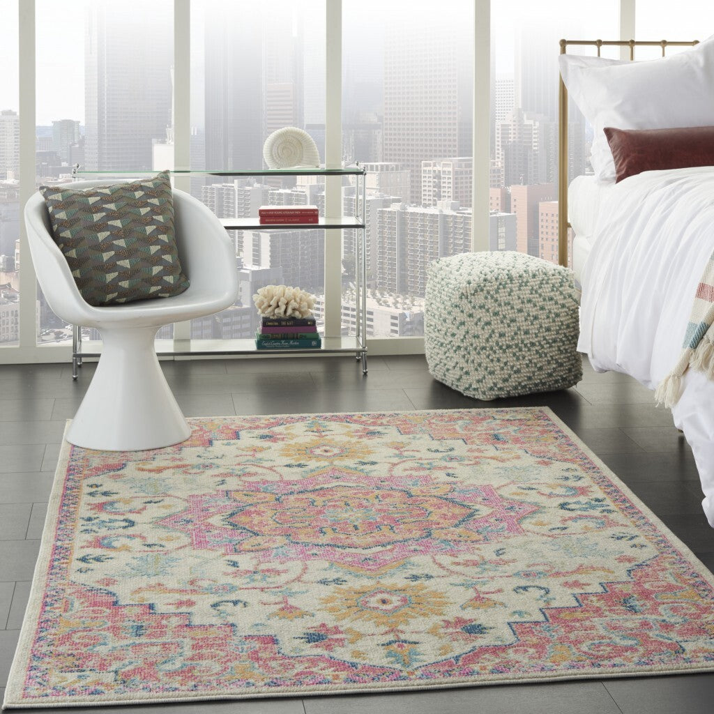 7' X 10' Ivory And Pink Medallion Area Rug