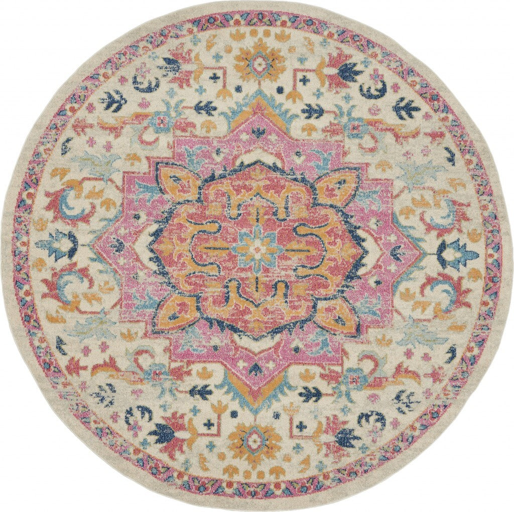 8' Round Ivory And Pink Medallion Area Rug