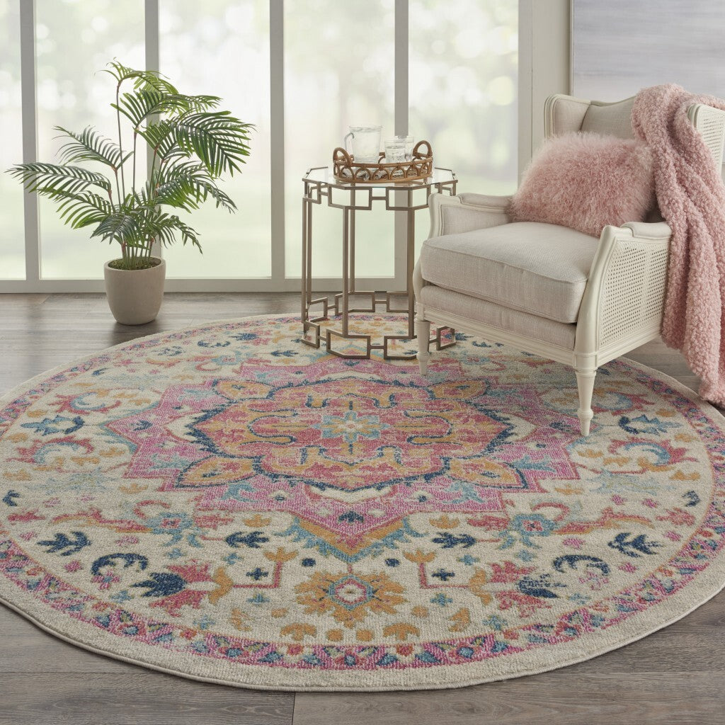 8' Round Ivory And Pink Medallion Area Rug