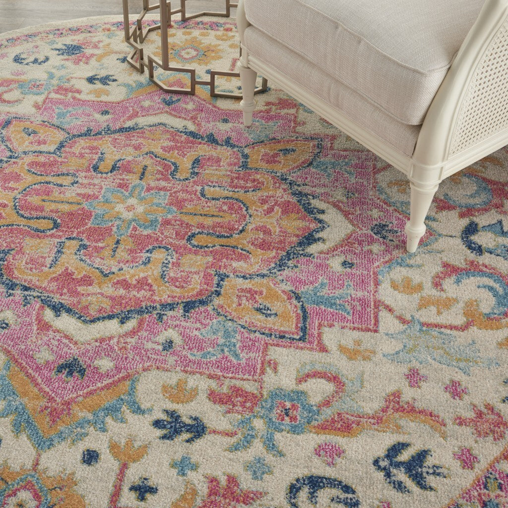 8' Round Ivory And Pink Medallion Area Rug