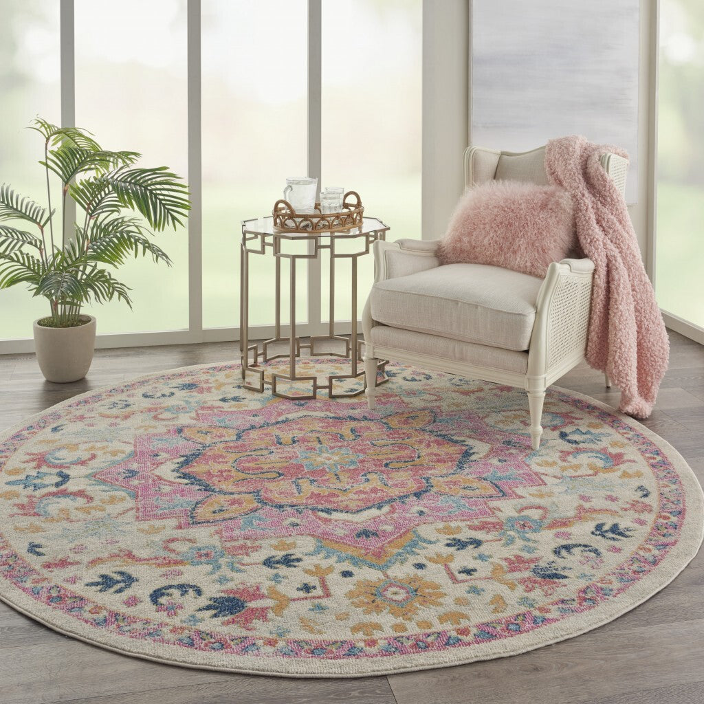 8' Round Ivory And Pink Medallion Area Rug