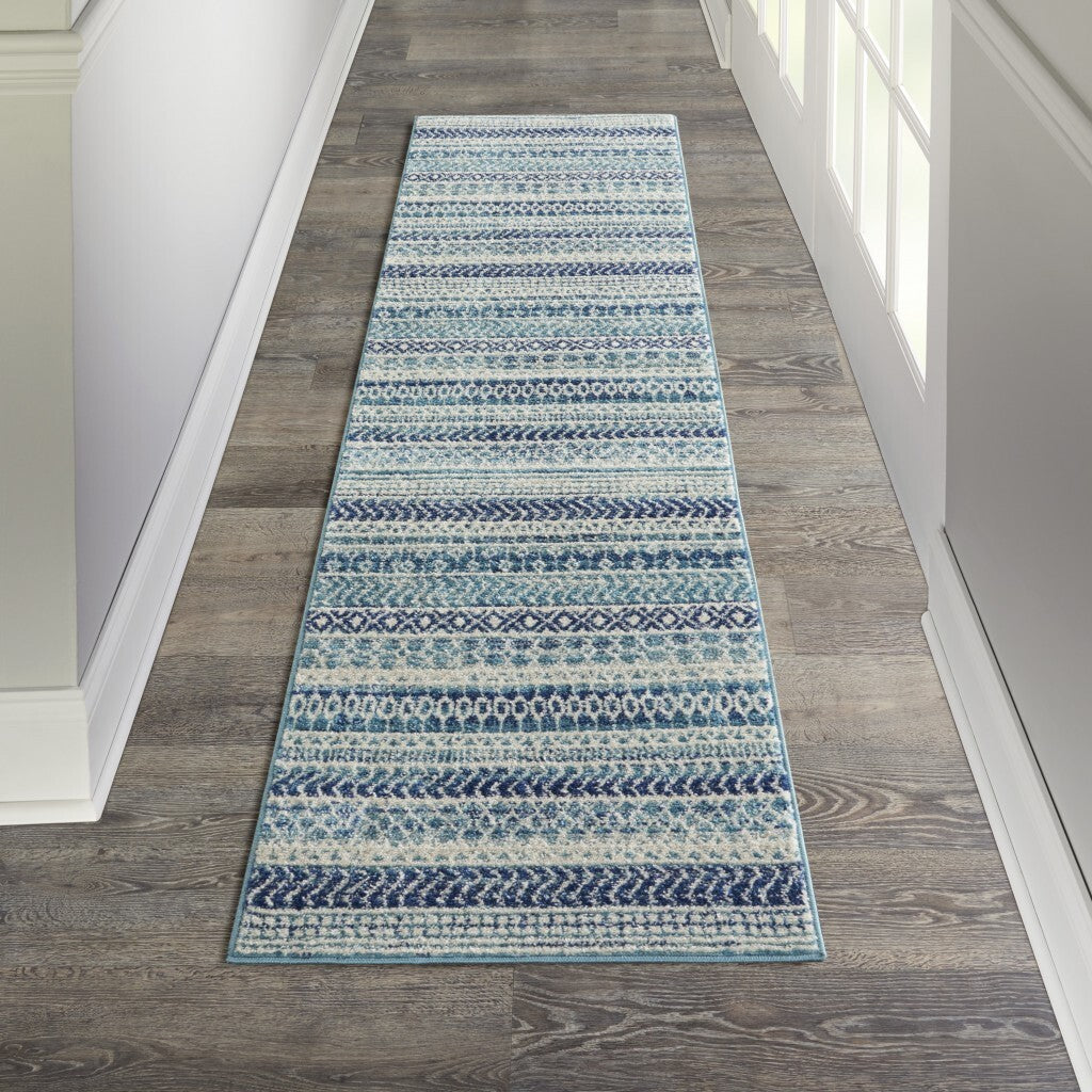 2' X 8' Navy Blue Ornate Stripes Runner Rug