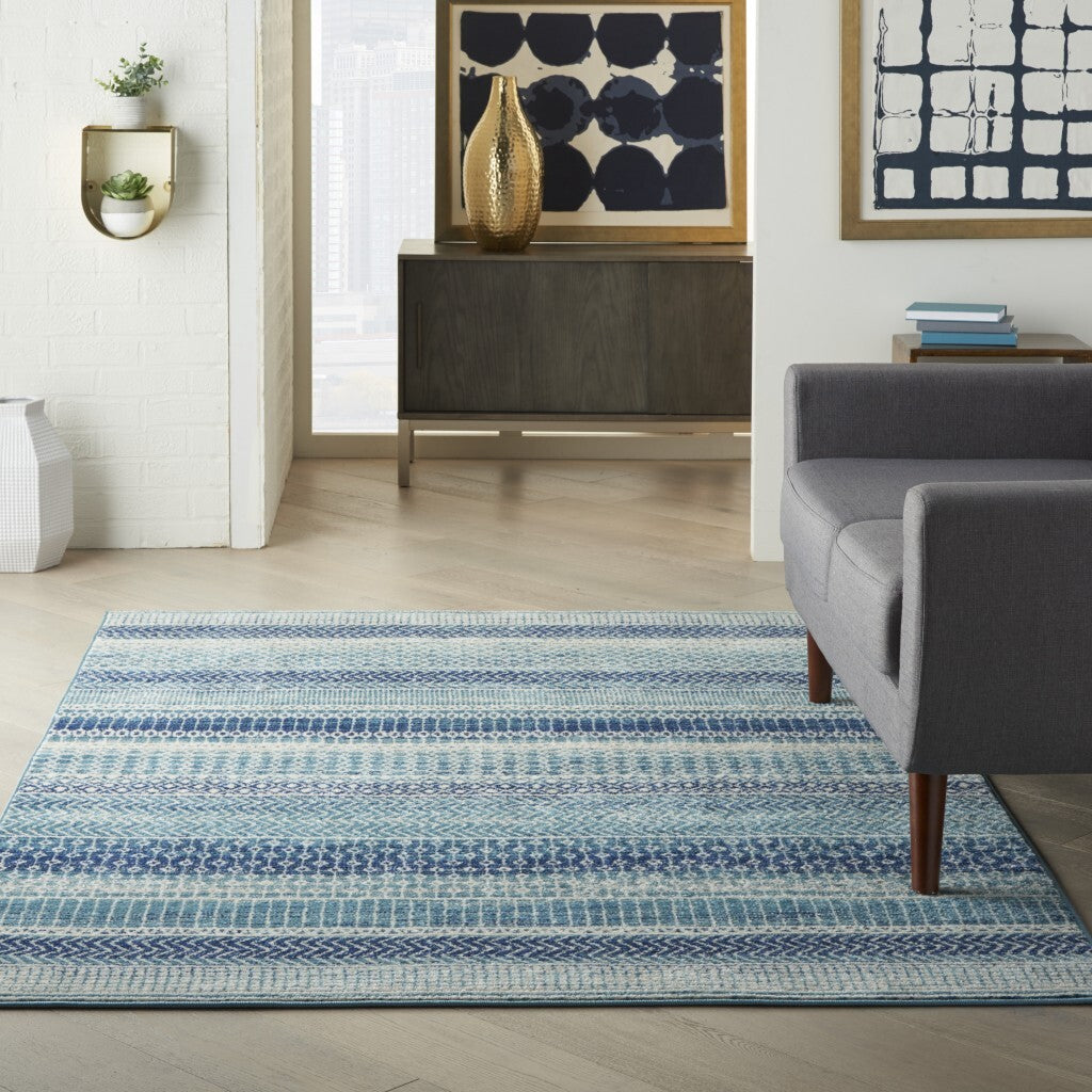 5' X 7' Navy Blue Ornate Stripes Area Rug