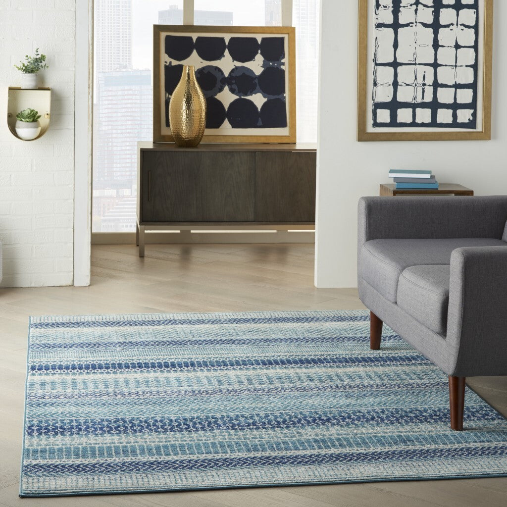 5' X 7' Navy Blue Ornate Stripes Area Rug