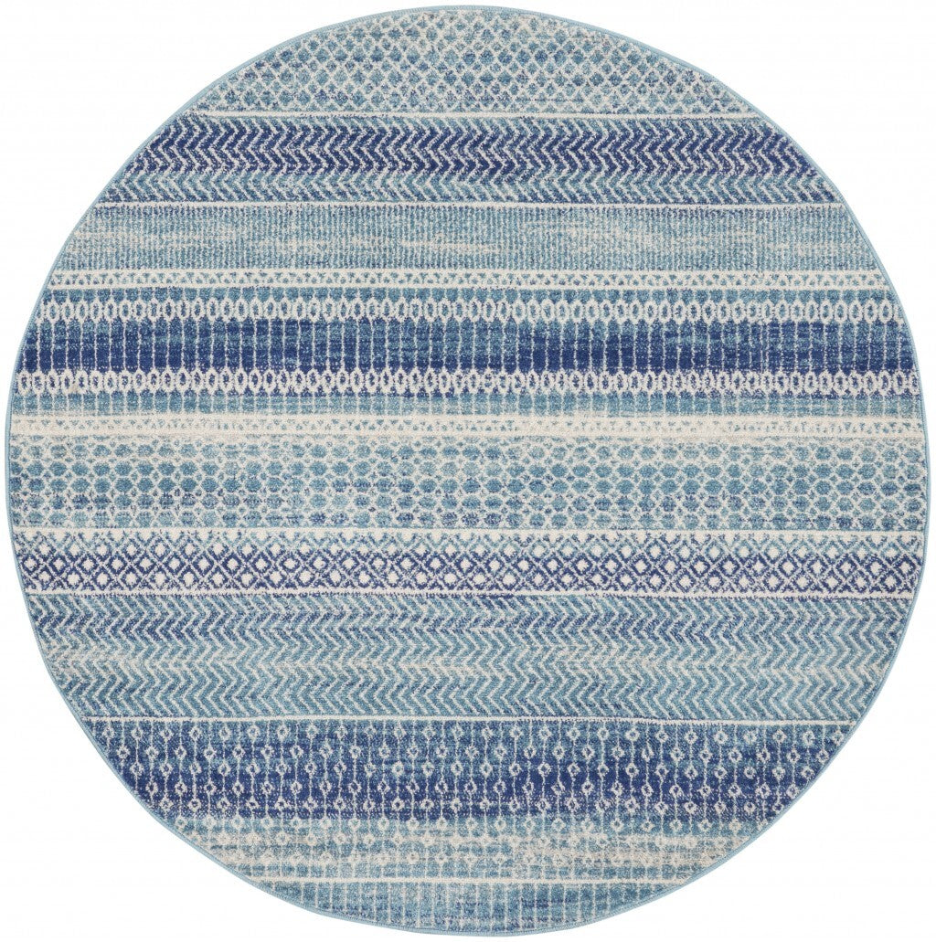 5' Round Navy Blue Ornate Stripes Area Rug