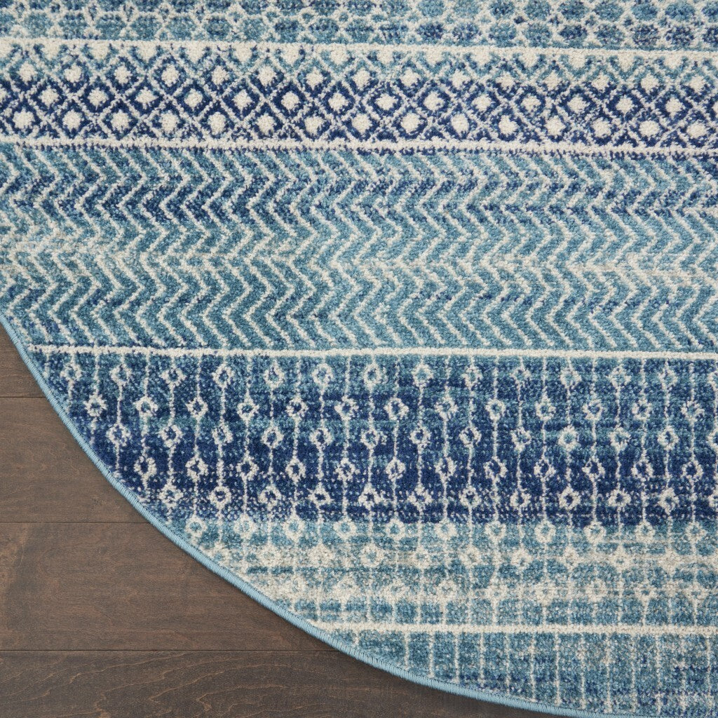 5' Round Navy Blue Ornate Stripes Area Rug
