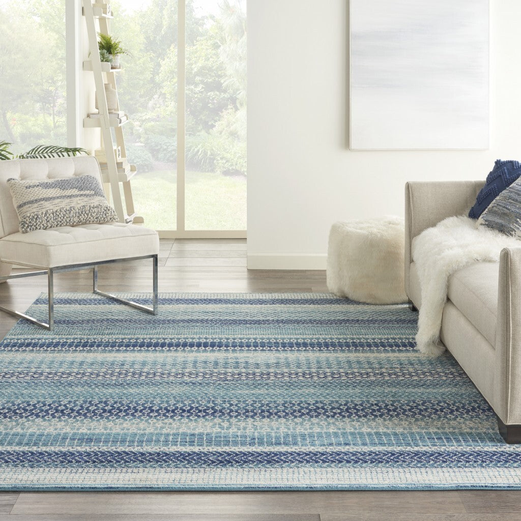 7' X 10' Navy Blue Ornate Stripes Area Rug