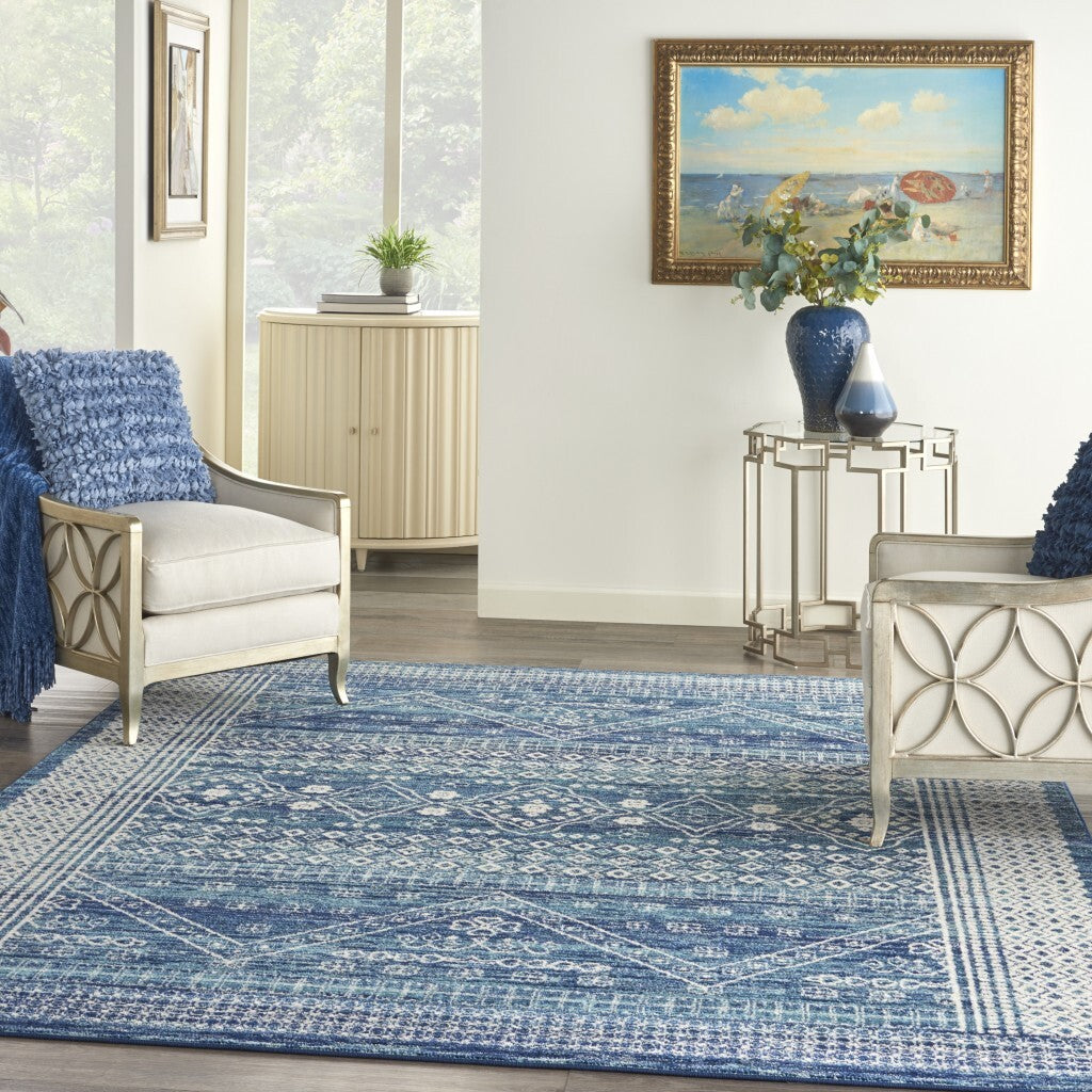 8' X 10' Navy Blue And Ivory Persian Motifs Area Rug