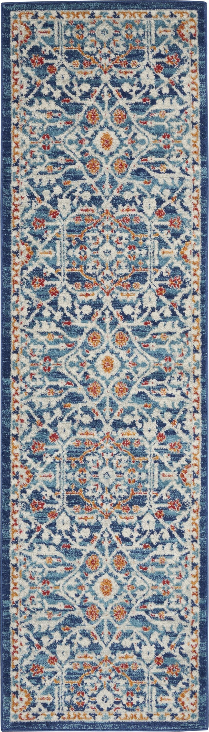 2' X 8' Blue White Multi Medallion Runner Rug