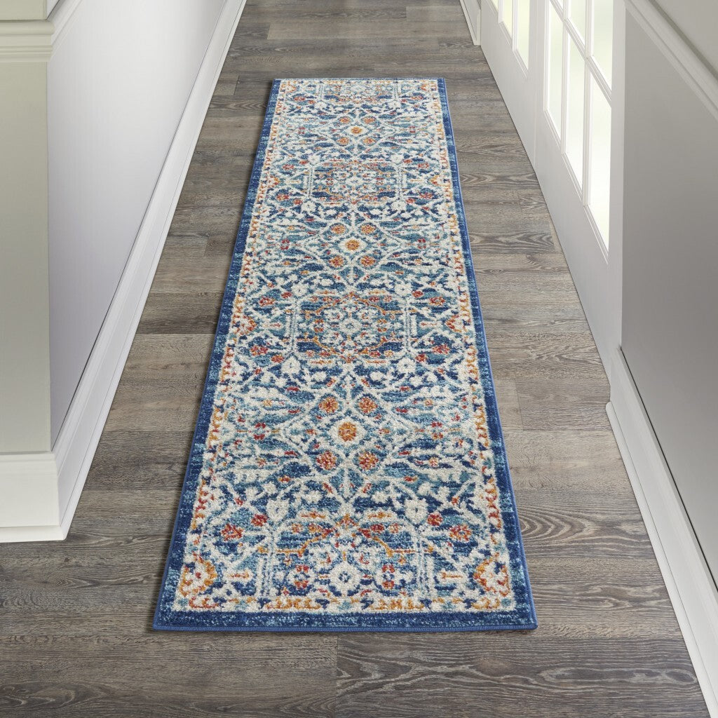2' X 8' Blue White Multi Medallion Runner Rug