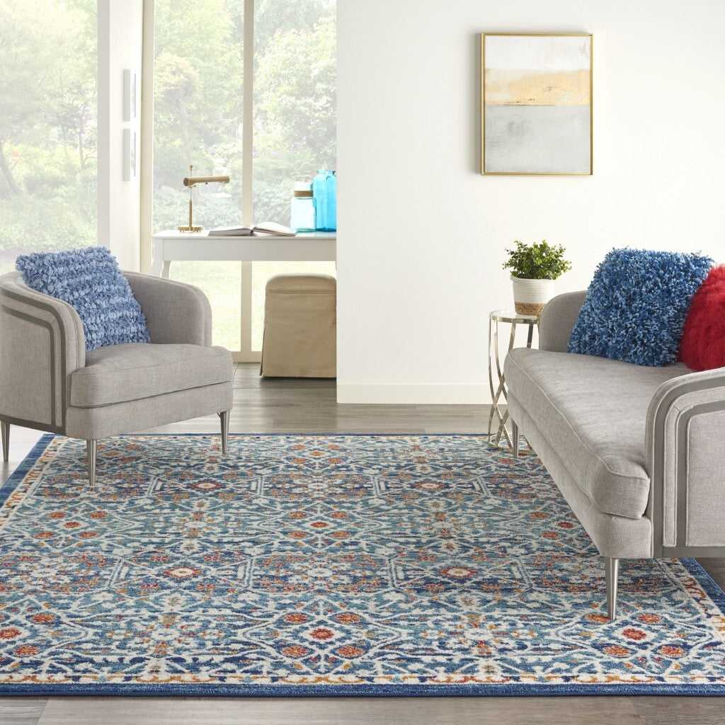 8' X 10' Blue White Multi Medallion Area Rug