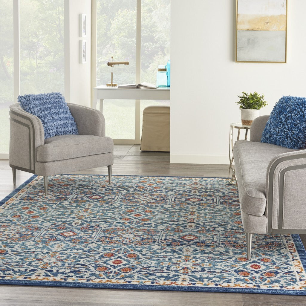8' X 10' Blue White Multi Medallion Area Rug