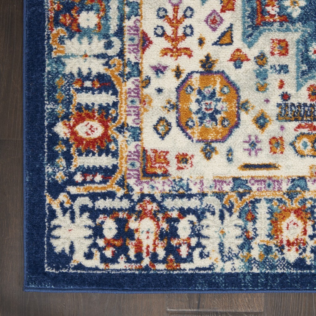 2' X 8' Blue And Ivory Medallion Runner Rug