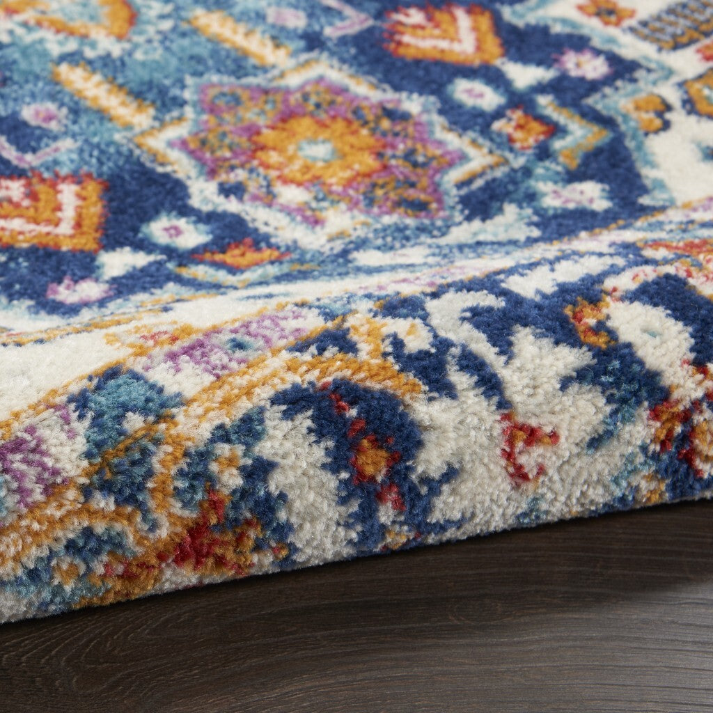 2' X 8' Blue And Ivory Medallion Runner Rug