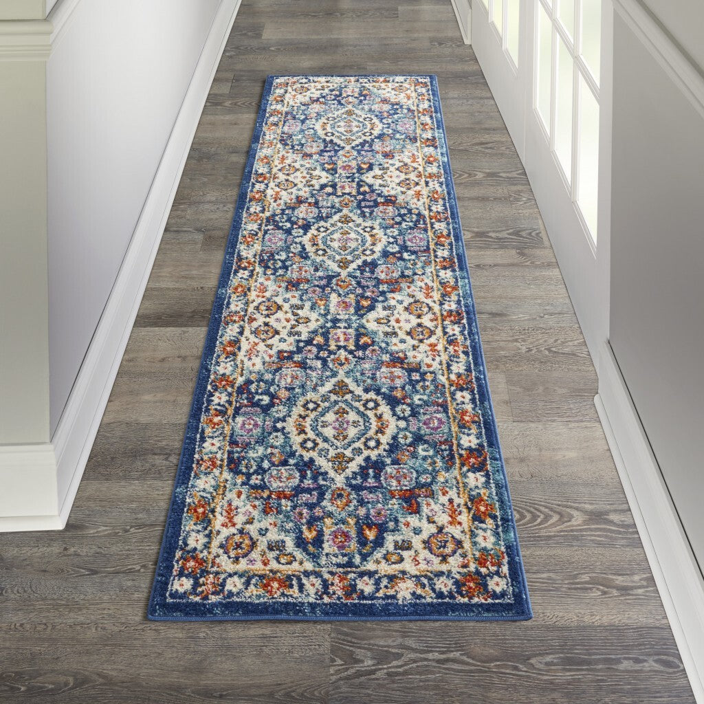 2' X 8' Blue And Ivory Medallion Runner Rug