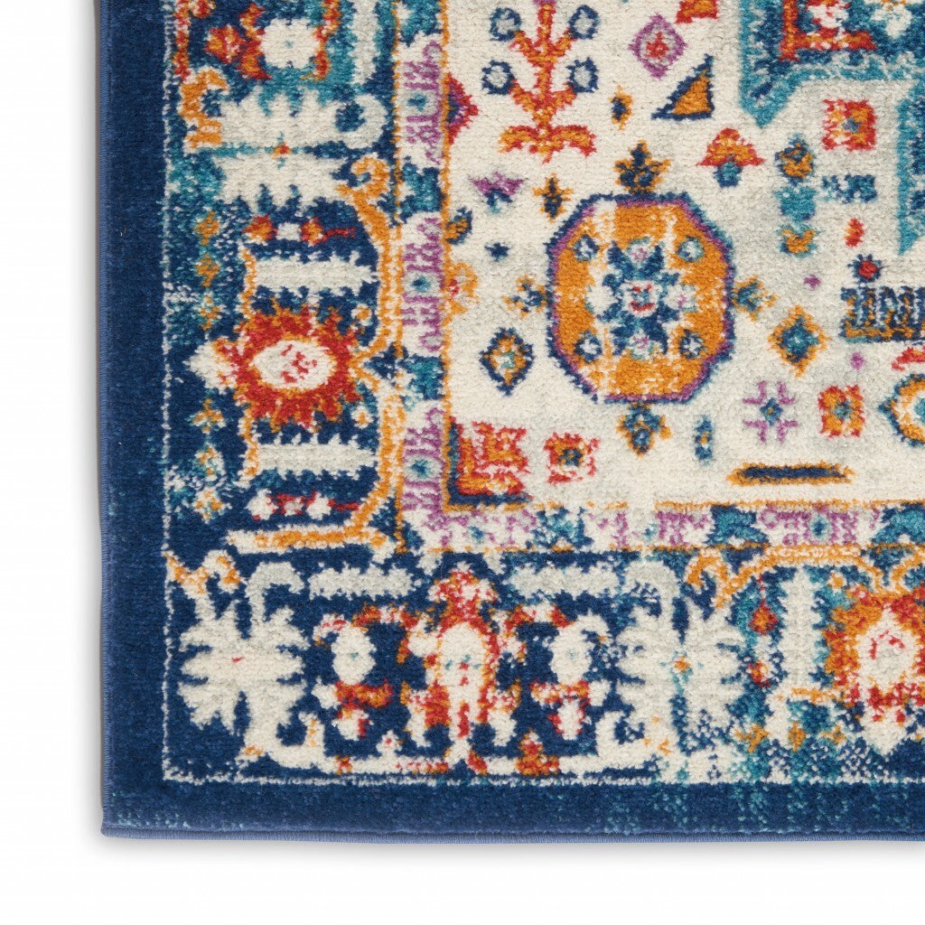 2' X 8' Blue And Ivory Medallion Runner Rug