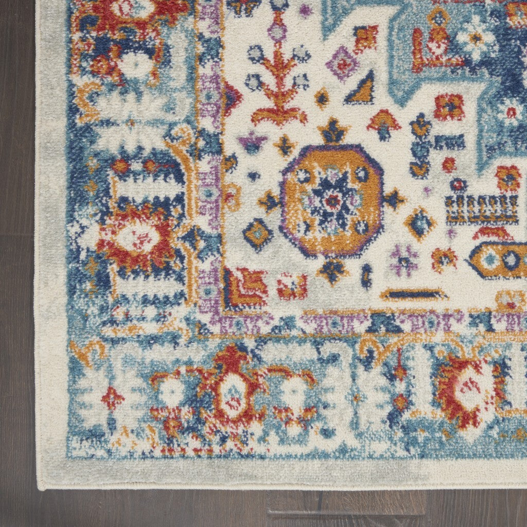 2' X 8' Ivory And Blue Floral Motifs Runner Rug