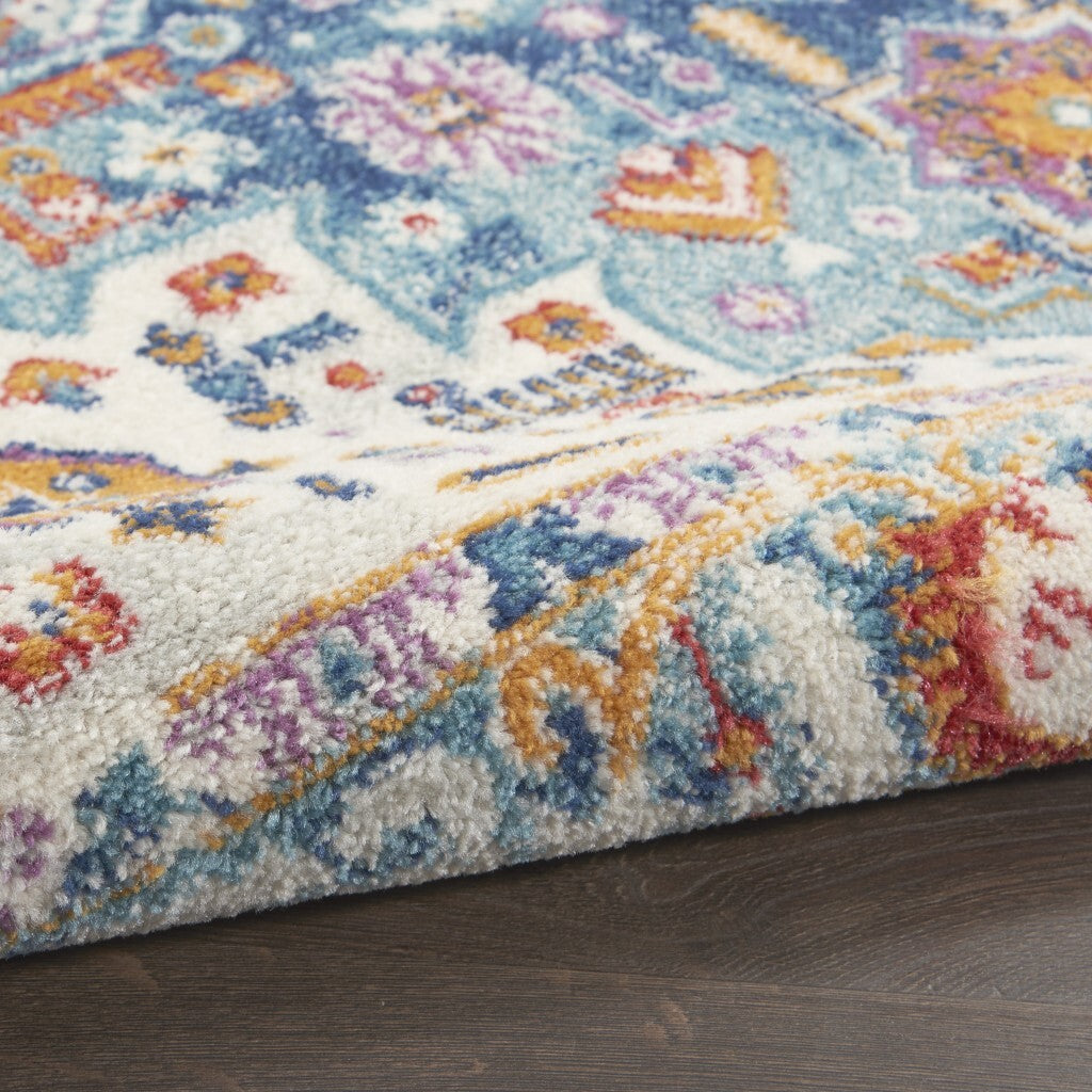 2' X 8' Ivory And Blue Floral Motifs Runner Rug