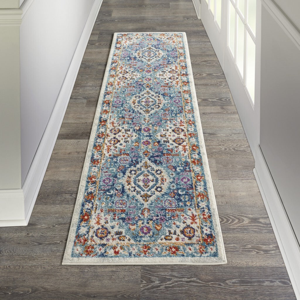 2' X 8' Ivory And Blue Floral Motifs Runner Rug