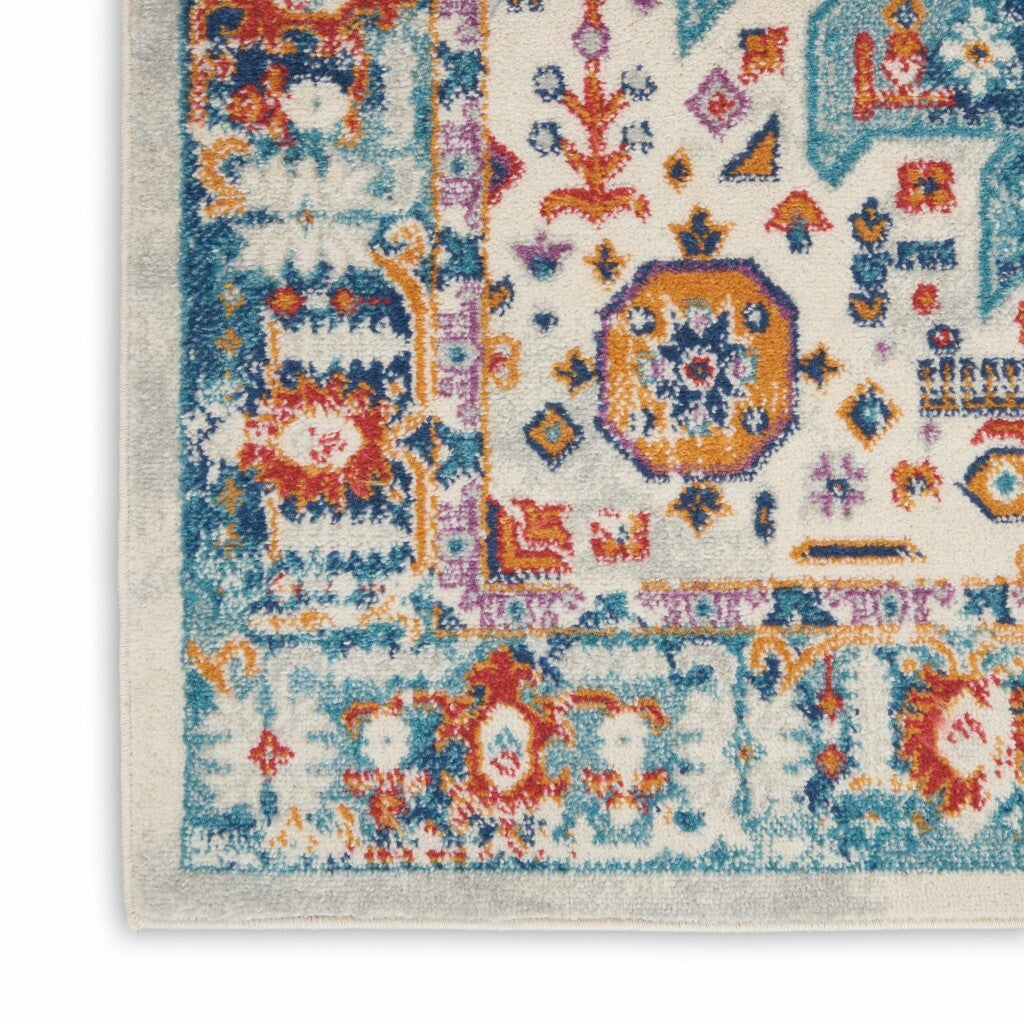 2' X 8' Ivory And Blue Floral Motifs Runner Rug